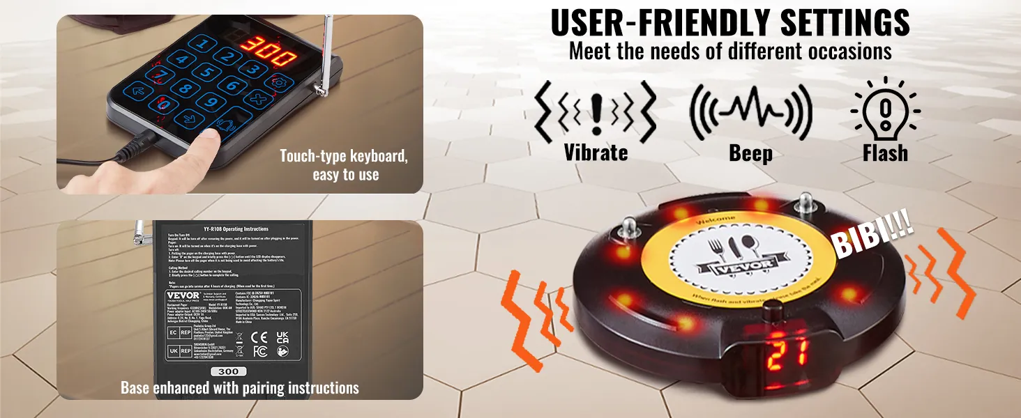 VEVOR-piepersysteem voor restaurants met aanraaktoetsenbord, gebruiksvriendelijke instellingen en verschillende waarschuwingsopties.