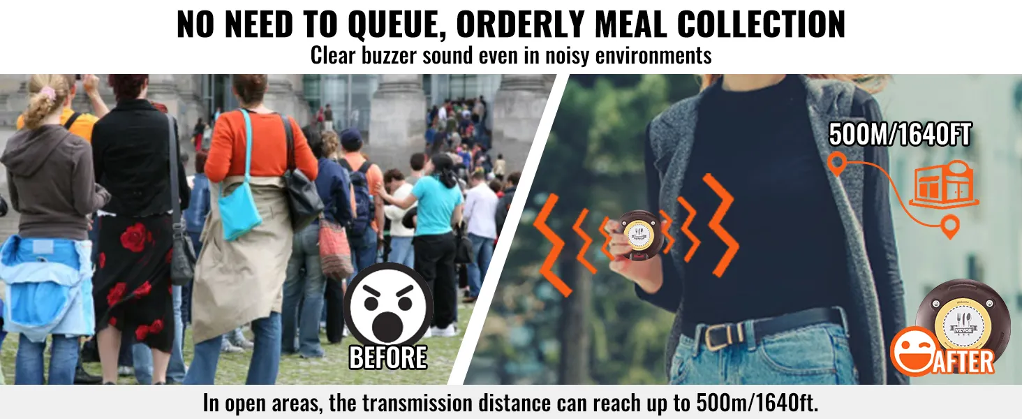 wachtende menigte vs. persoon met behulp van het VEVOR-restaurantpiepersysteem met een bereik van 500 m.