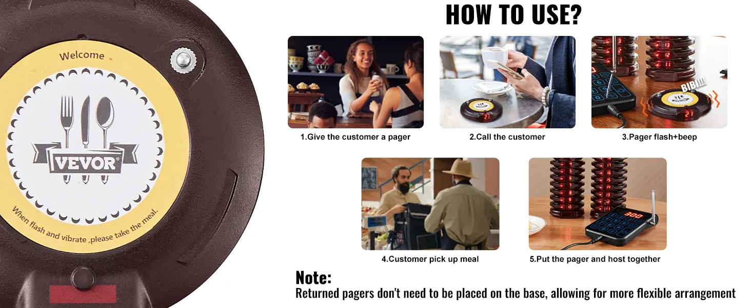 Instructies voor het VEVOR-restaurantpagersysteem met klantinteracties en stappen voor het instellen van het apparaat.