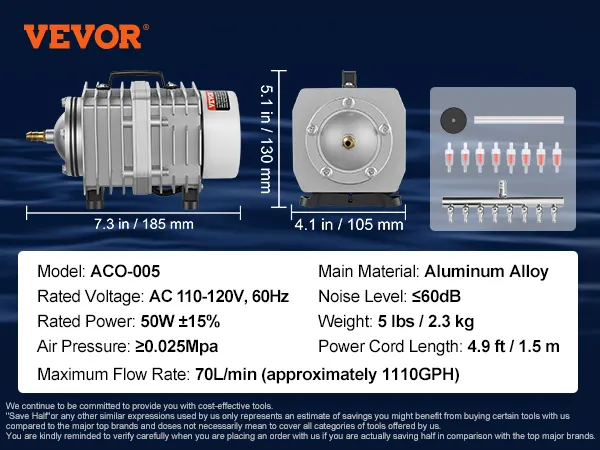 VEVOR electromagnetic air pump aco-005, 110-120v, 50w, aluminum alloy, 70l/min flow rate, noise ≤60db.