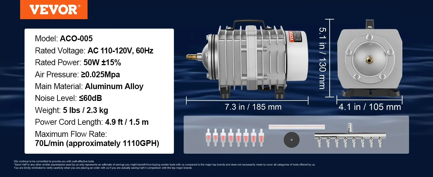 VEVOR electromagnetic air pump aco-005, 110-120v, 50w, aluminum alloy, 70l/min flow rate, noise ≤60db.