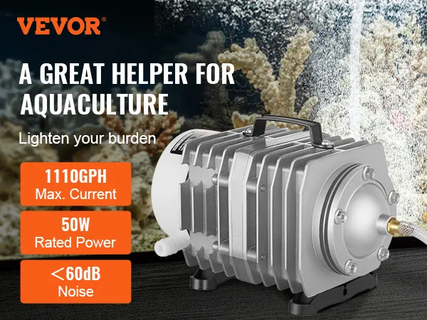 VEVOR electromagnetic air pump for aquaculture, 1110gph, 50w, <60db, coral reef background.