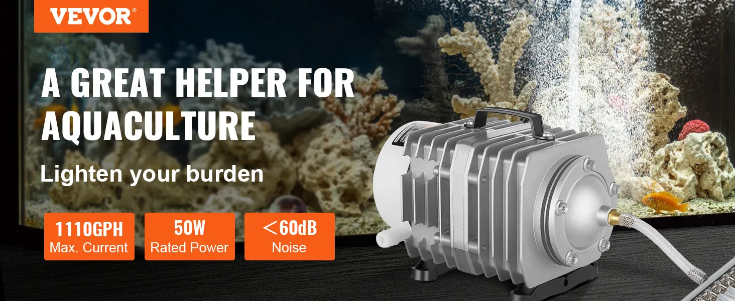 VEVOR electromagnetic air pump for aquaculture, 1110gph, 50w, <60db, coral reef background.