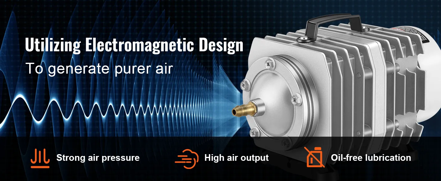 VEVOR electromagnetic air pump with high air output, strong air pressure, and oil-free lubrication.