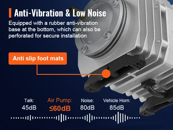 anti-vibration, low noise VEVOR electromagnetic air pump with anti-slip foot mats and db levels comparison.