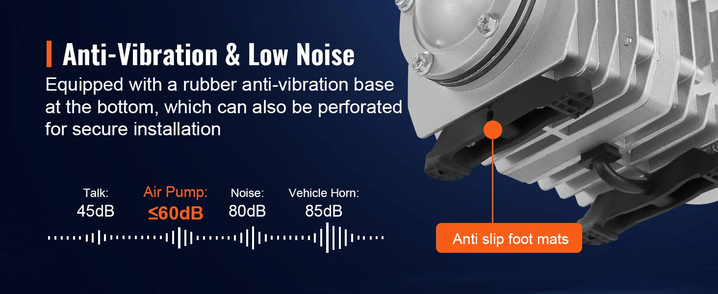anti-vibration, low noise VEVOR electromagnetic air pump with anti-slip foot mats and db levels comparison.