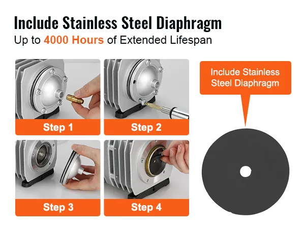 VEVOR electromagnetic air pump with stainless steel diaphragm for a 4000-hour lifespan.