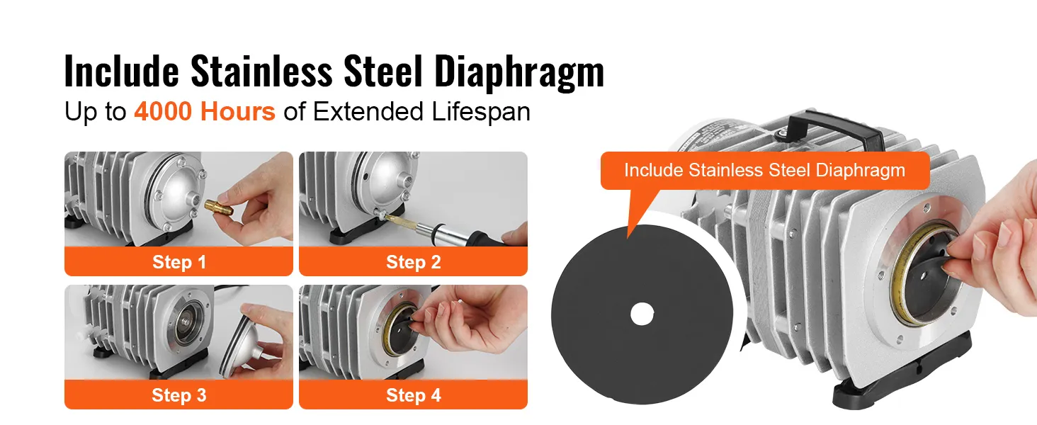 VEVOR electromagnetic air pump with stainless steel diaphragm for a 4000-hour lifespan.