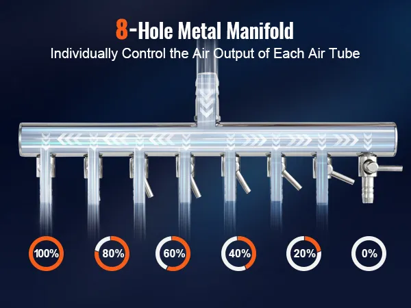 8-hole metal manifold showcasing variable air output control for each tube, compatible with VEVOR electromagnetic air pump.