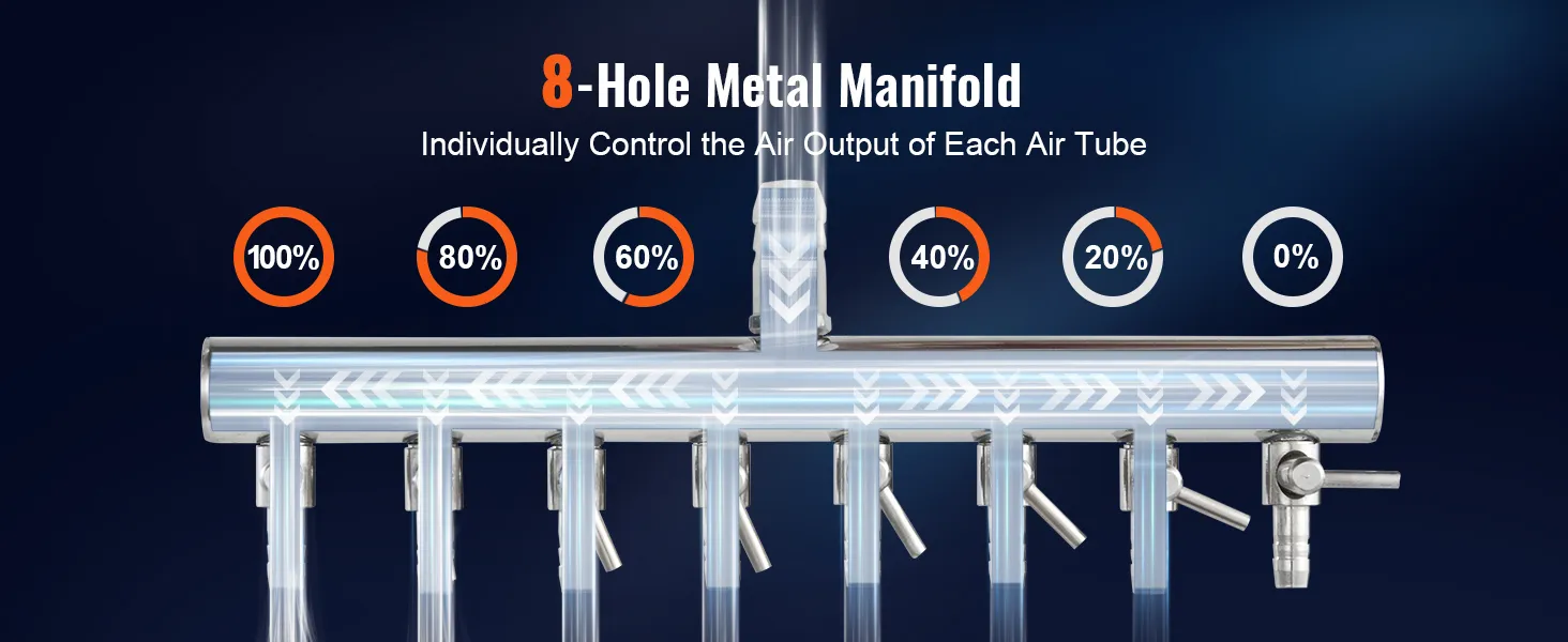 8-hole metal manifold showcasing variable air output control for each tube, compatible with VEVOR electromagnetic air pump.