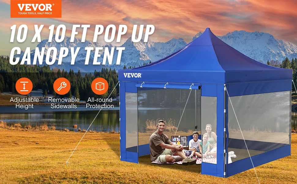 VEVOR pop up canopy tent 10x10 with adjustable height, removable sidewalls, outdoor setting.
