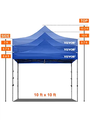 blue VEVOR pop up canopy tent, 10x10 ft, adjustable height, labeled measurements from 6.4 to 10.3 ft
