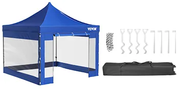 VEVOR pop up canopy tent in blue with carry bag, stakes, and ropes included.
