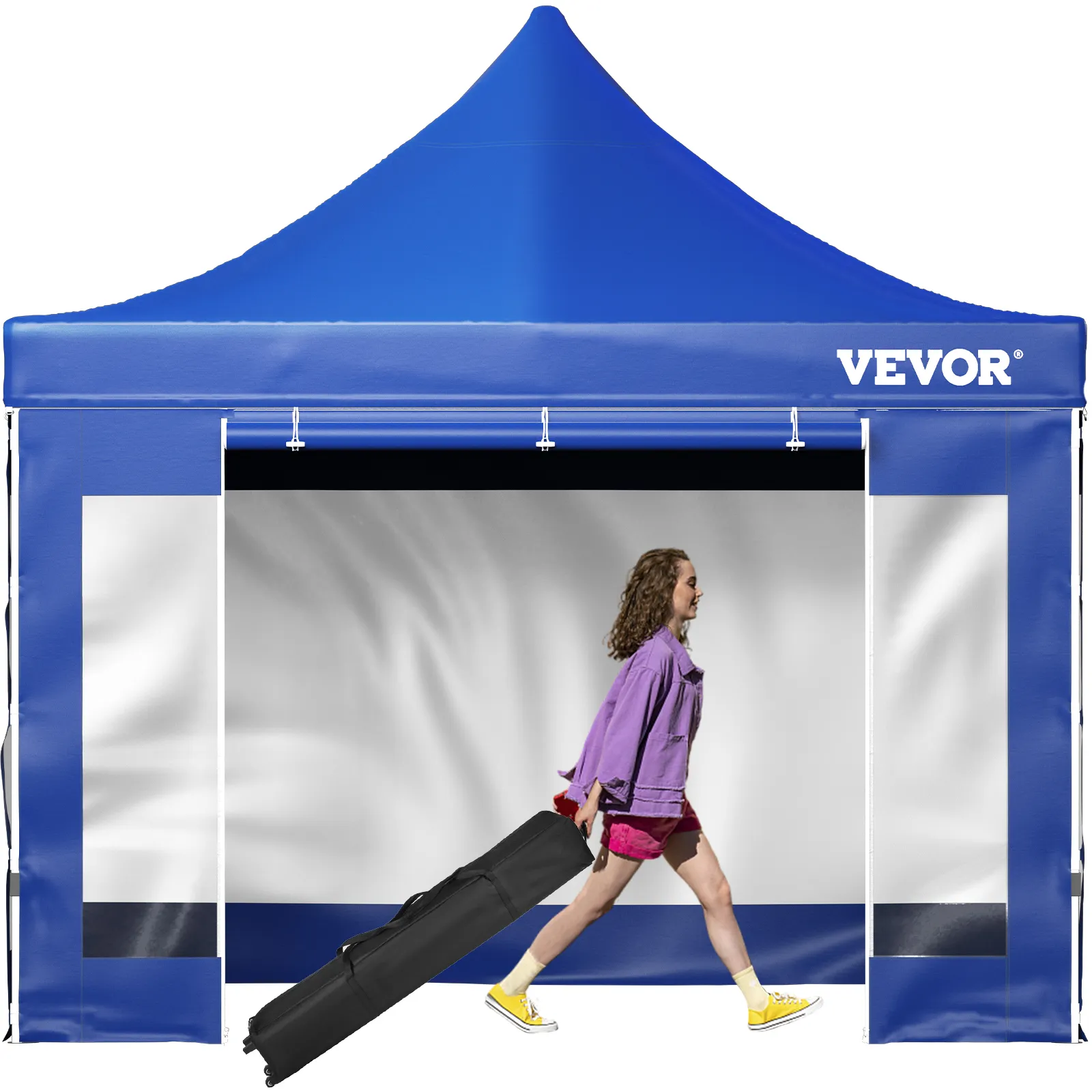 VEVOR pop up canopy tent with a blue roof, carrying bag, and a person walking with equipment.