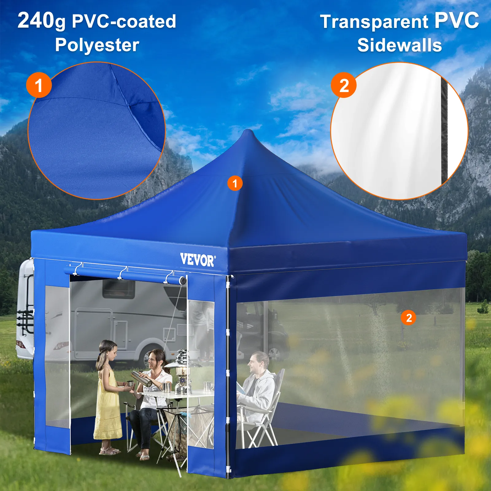 VEVOR pop up canopy tent with 240g pvc-coated polyester and transparent pvc sidewalls in an outdoor setting.