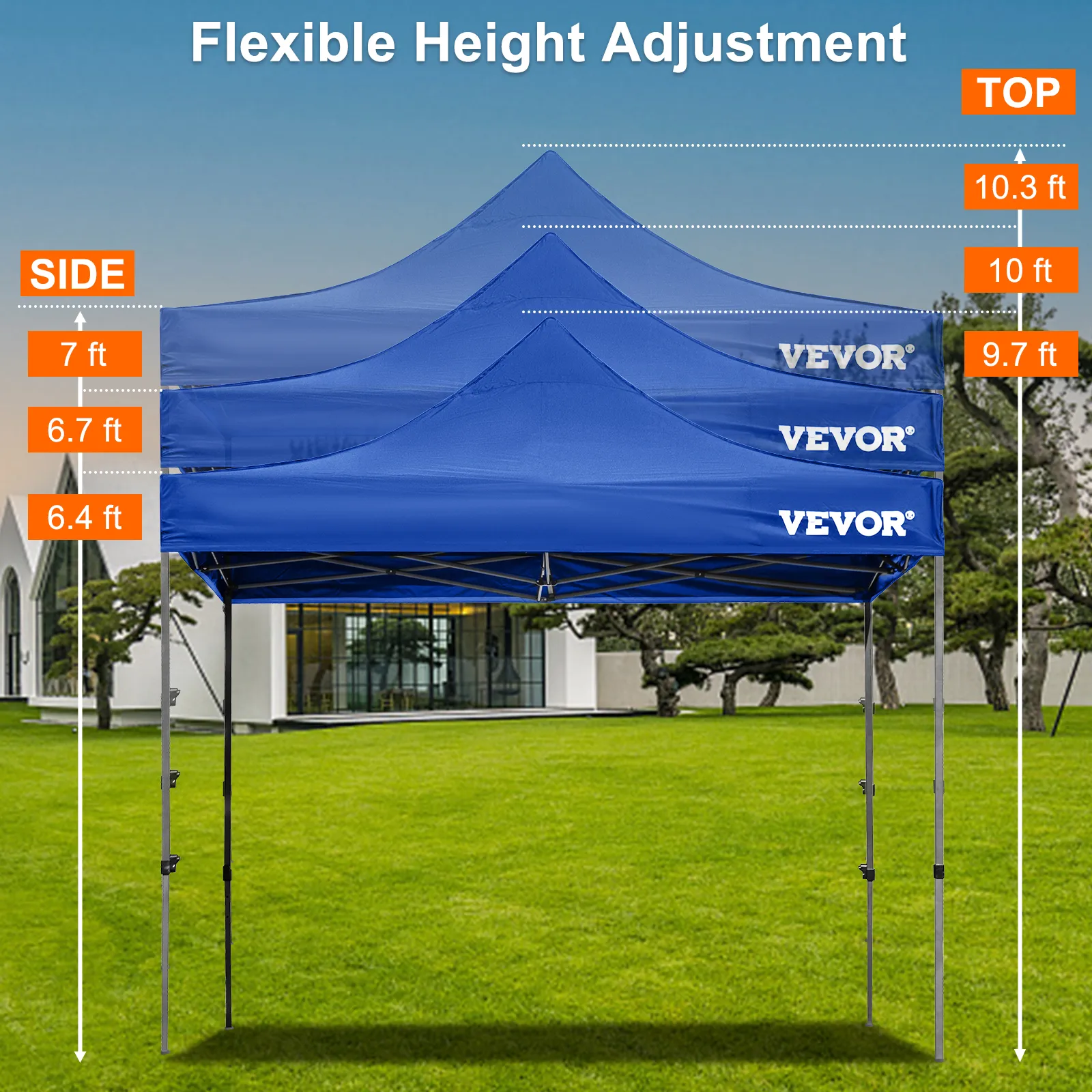 VEVOR pop up canopy tent with adjustable height from 6.4 ft to 10.3 ft, set in an outdoor garden.