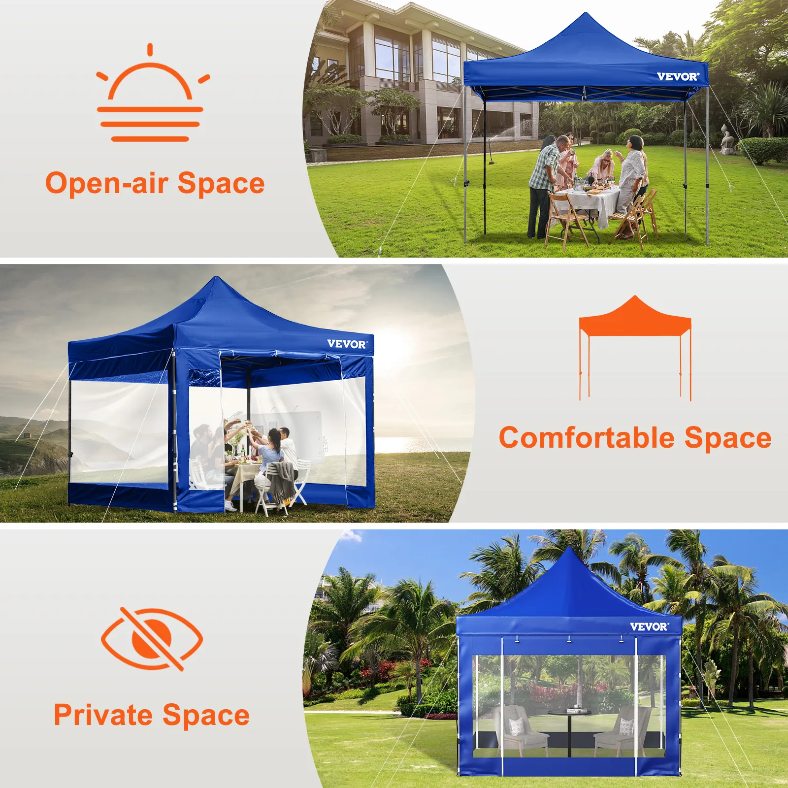 VEVOR pop up canopy tent with open-air, comfortable, and private space options on grass and beachfront.