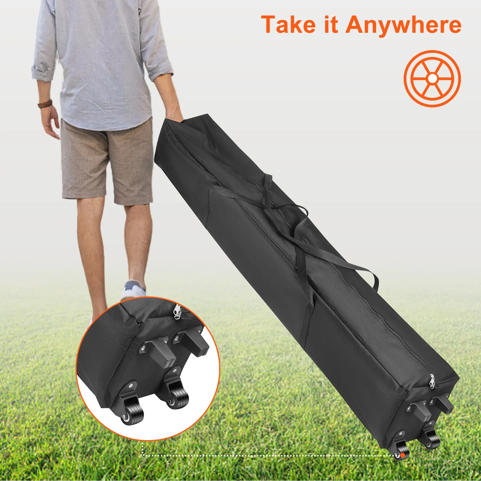 man carrying VEVOR pop up canopy tent in a black storage bag with wheels, text: "take it anywhere".