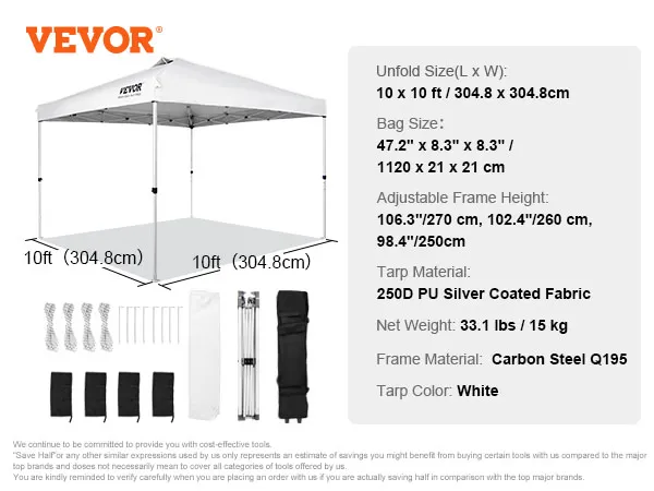 VEVOR pop up canopy tent, white, 10 x 10 ft, carbon steel frame, adjustable height, 33.1 lbs.