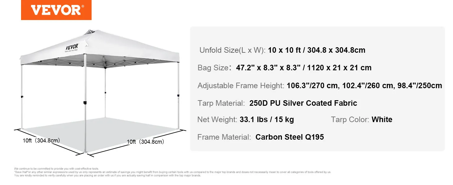 VEVOR pop up canopy tent, white, 10 x 10 ft, carbon steel frame, adjustable height, 33.1 lbs.