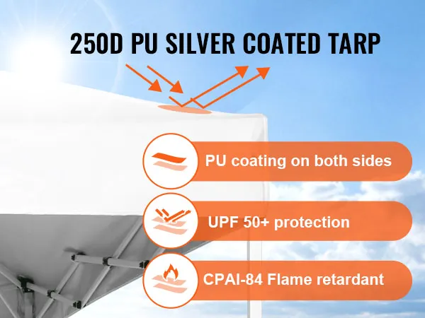 VEVOR pop up canopy tent with 250d pu silver coated tarp, upf 50+ protection, cpai-84 flame retardant.