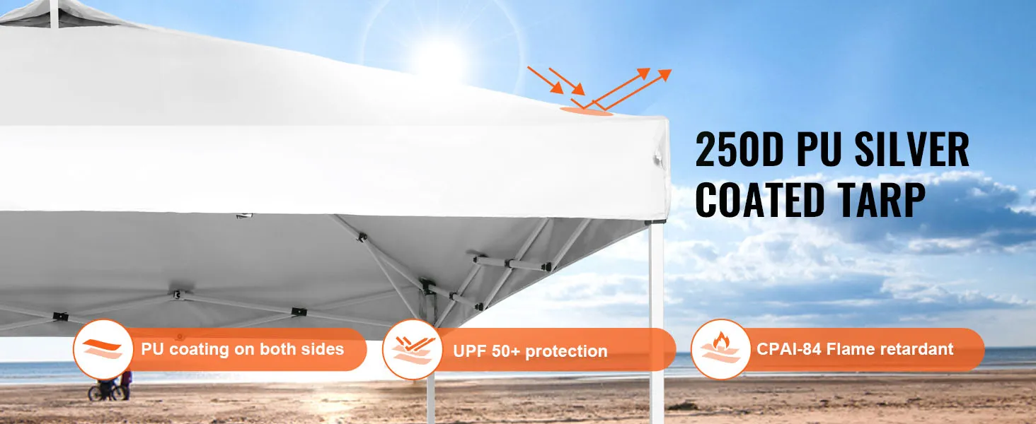 VEVOR pop up canopy tent with 250d pu silver coated tarp, upf 50+ protection, cpai-84 flame retardant.