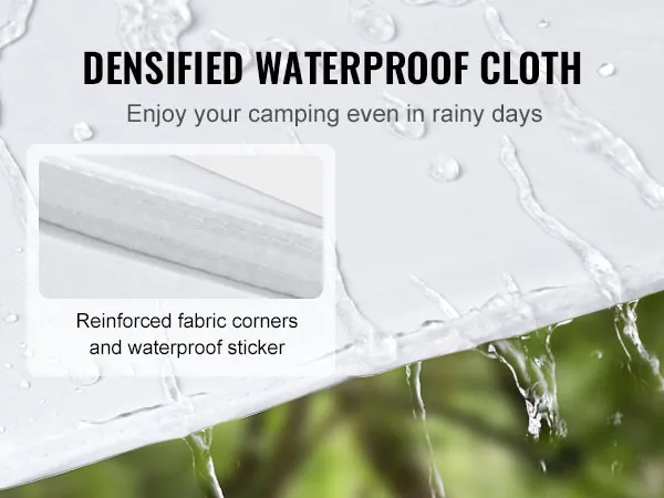 waterproof VEVOR pop up canopy tent with reinforced fabric corners for rainy camping days.