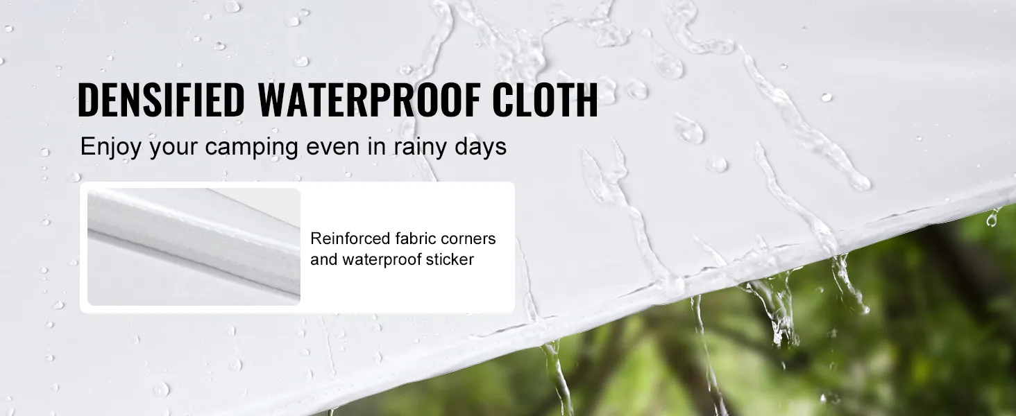 waterproof VEVOR pop up canopy tent with reinforced fabric corners for rainy camping days.