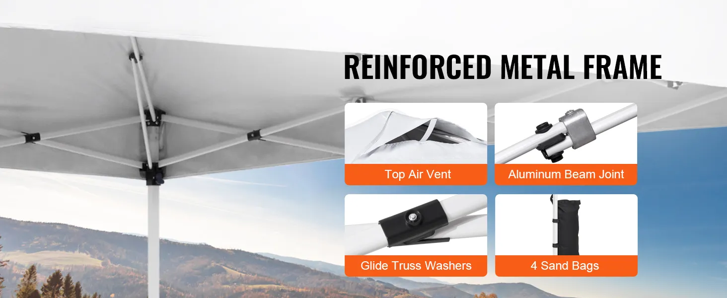 reinforced metal frame of VEVOR pop up canopy tent with top air vent, aluminum beam joint, glide truss washers, and 4 sand bags.