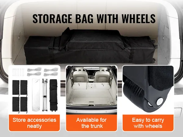 storage bag with wheels in a car trunk; easy to carry and store accessories for VEVOR pop up canopy tent.