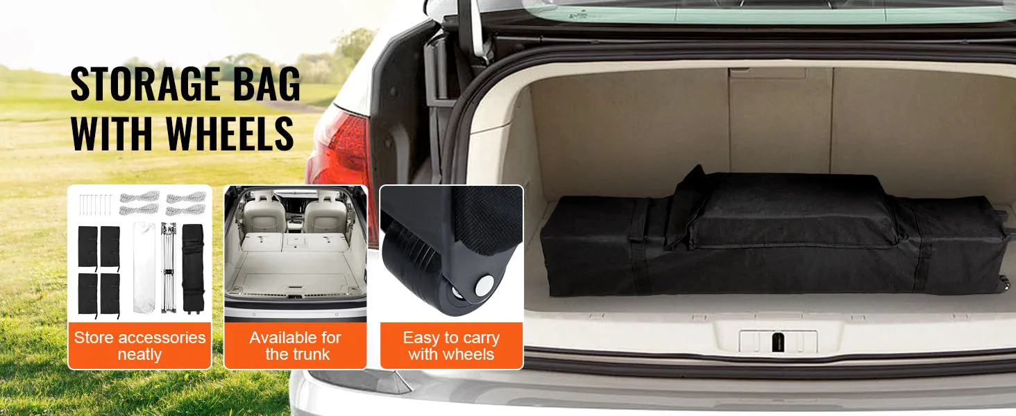 storage bag with wheels in a car trunk; easy to carry and store accessories for VEVOR pop up canopy tent.