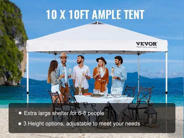 VEVOR pop up canopy tent on a beach, offering shade to a group of people dining at a table.