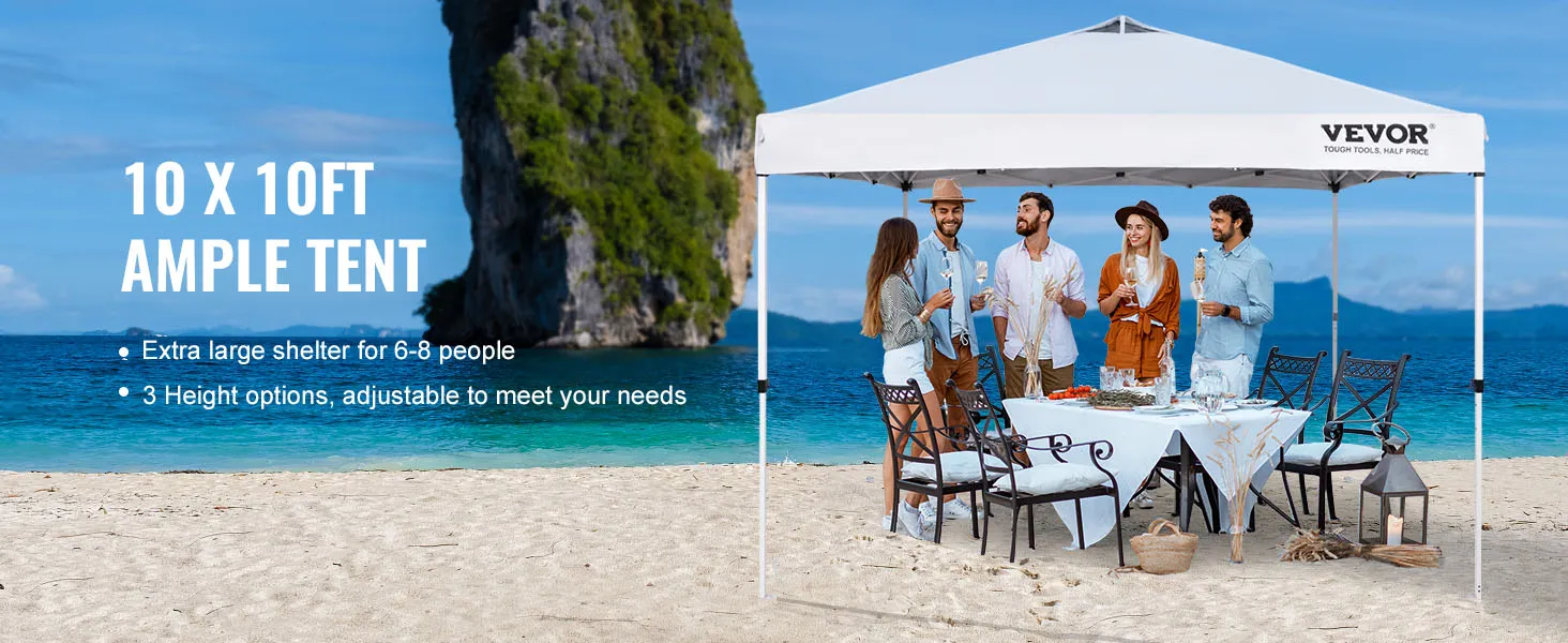 VEVOR pop up canopy tent on a beach, offering shade to a group of people dining at a table.