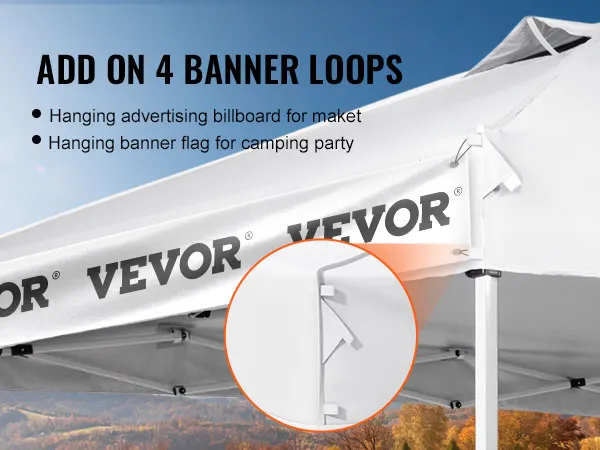 VEVOR pop up canopy tent with banner loops for hanging advertising and flags under a clear blue sky.