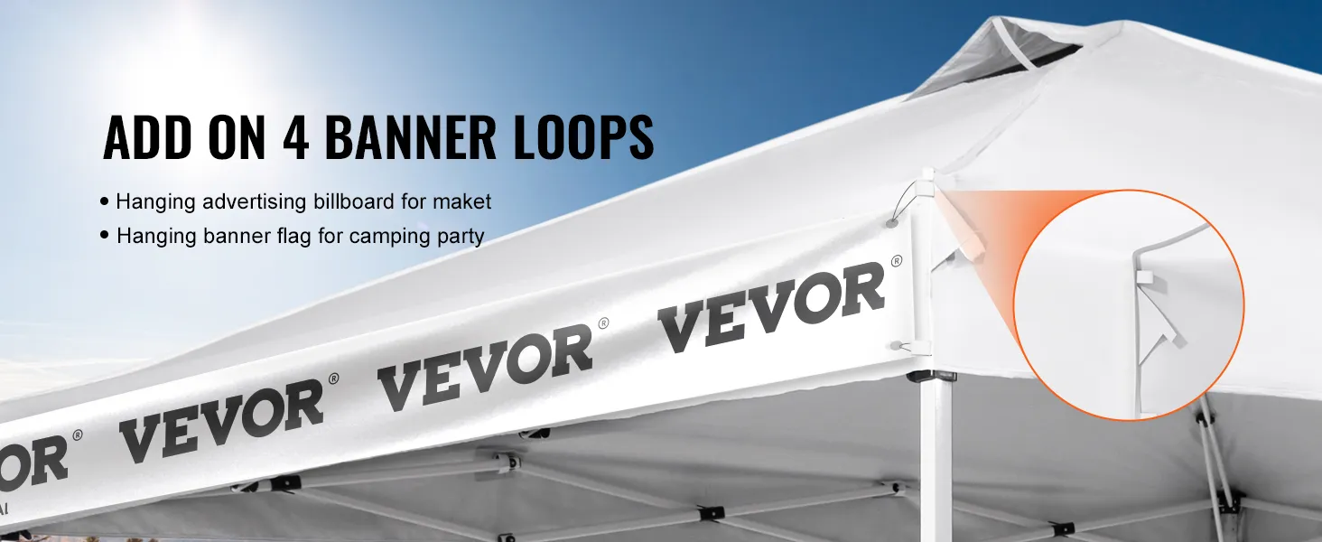 VEVOR pop up canopy tent with banner loops for hanging advertising and flags under a clear blue sky.