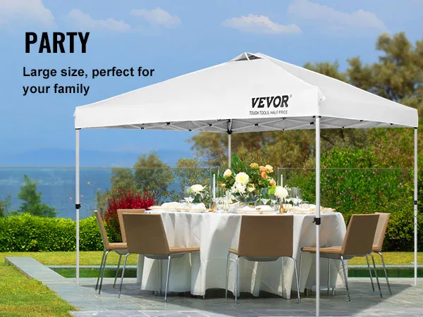VEVOR pop up canopy tent set up for a garden party with a dining setup under large white tent.