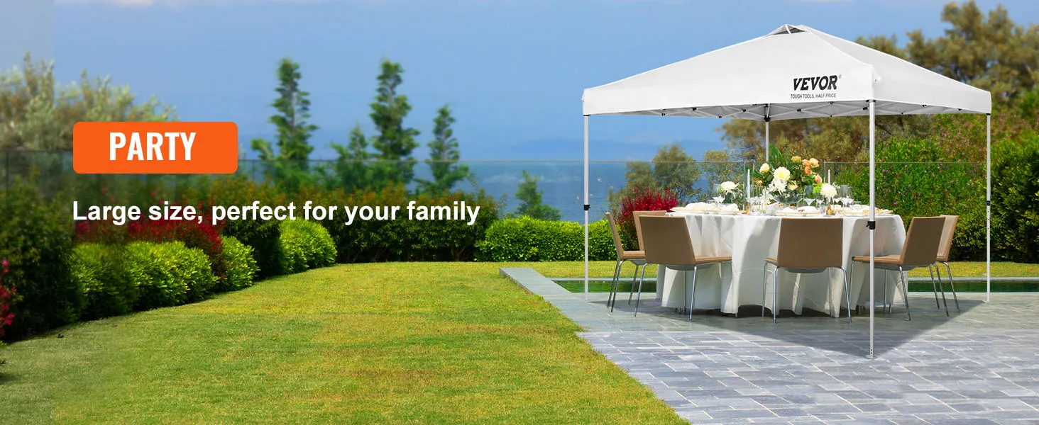 VEVOR pop up canopy tent set up for a garden party with a dining setup under large white tent.