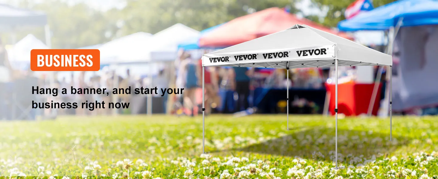 VEVOR pop up canopy tent set up in a busy outdoor event with colorful tents in the background.