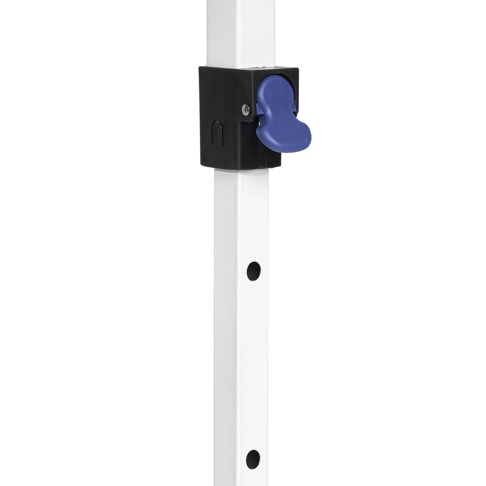 white frame with a blue latch securing the height adjustment mechanism of a VEVOR pop up canopy tent.
