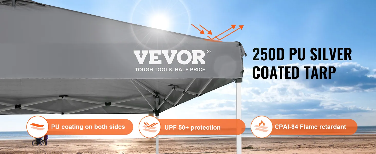 VEVOR pop-up canopy tent with 250d pu silver coated tarp, upf 50+ protection, and flame retardant.