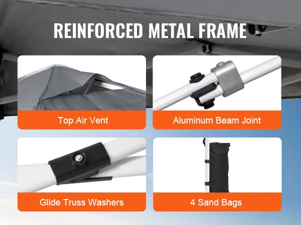 VEVOR pop-up canopy tent with reinforced metal frame, glide truss washers, and 4 sand bags.