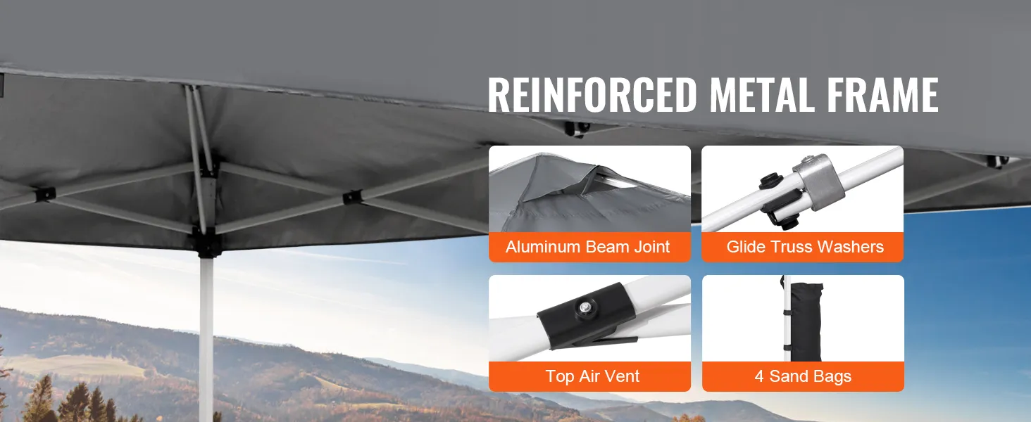 VEVOR pop-up canopy tent with reinforced metal frame, glide truss washers, and 4 sand bags.