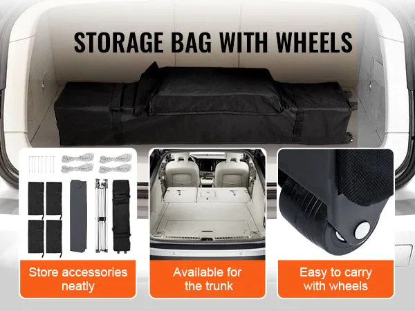 storage bag with wheels for VEVOR pop-up canopy tent, fits trunk, easy to carry, neat accessory store.