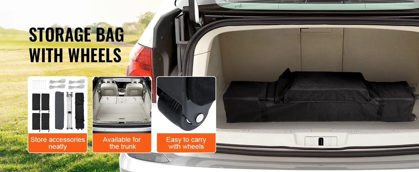 storage bag with wheels for VEVOR pop-up canopy tent, fits trunk, easy to carry, neat accessory store.