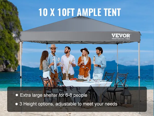 VEVOR pop-up canopy tent set up on a beach with a dining table and chairs, accommodating six people.