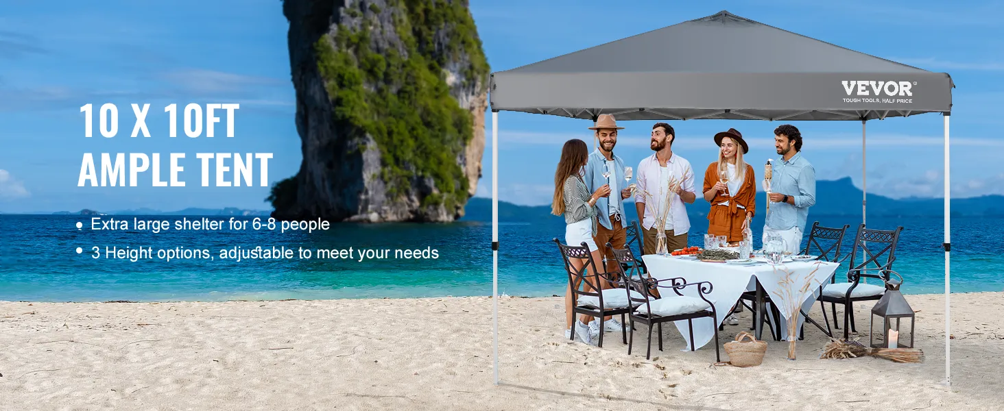 VEVOR pop-up canopy tent set up on a beach with a dining table and chairs, accommodating six people.