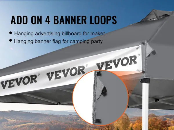 VEVOR pop-up canopy tent with 4 banner loops for advertising or camping banners.