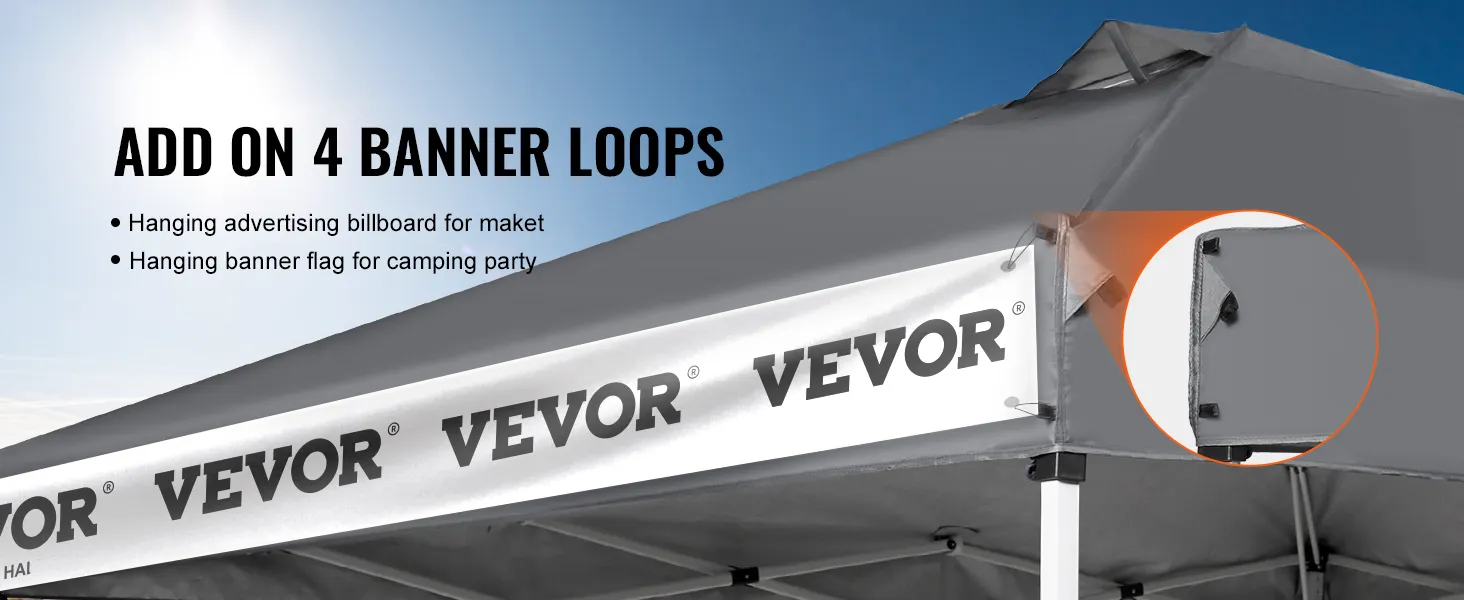 VEVOR pop-up canopy tent with 4 banner loops for advertising or camping banners.