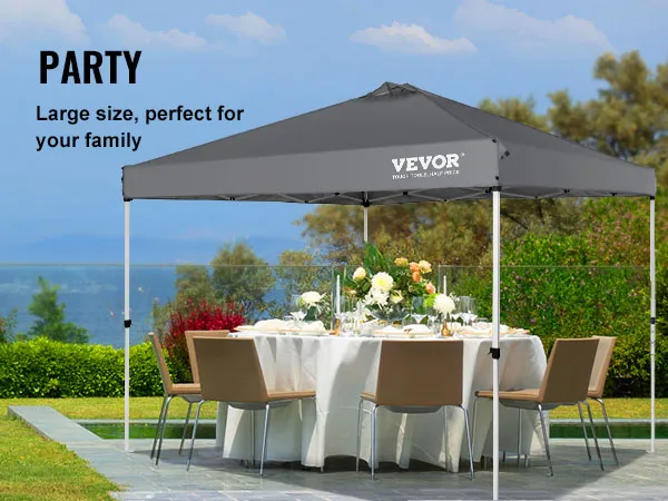 outdoor family gathering under VEVOR pop-up canopy tent with a dining table, chairs, and lush garden.