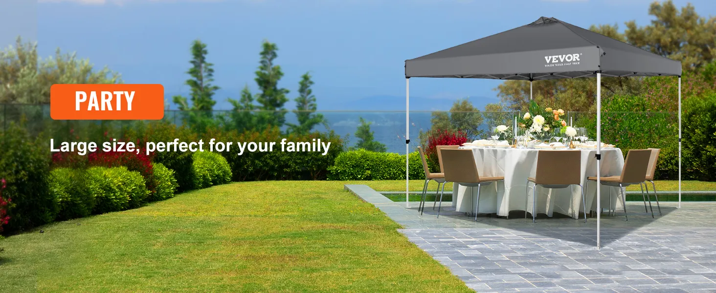 outdoor family gathering under VEVOR pop-up canopy tent with a dining table, chairs, and lush garden.